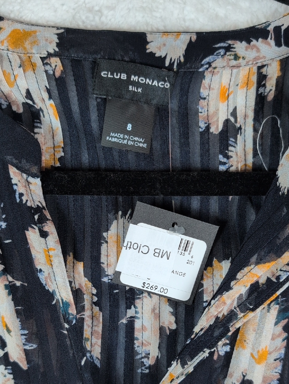 Club Monaco SILK Navy Floral Long-Sleeve A-Line Dress - Picture 4 of 7